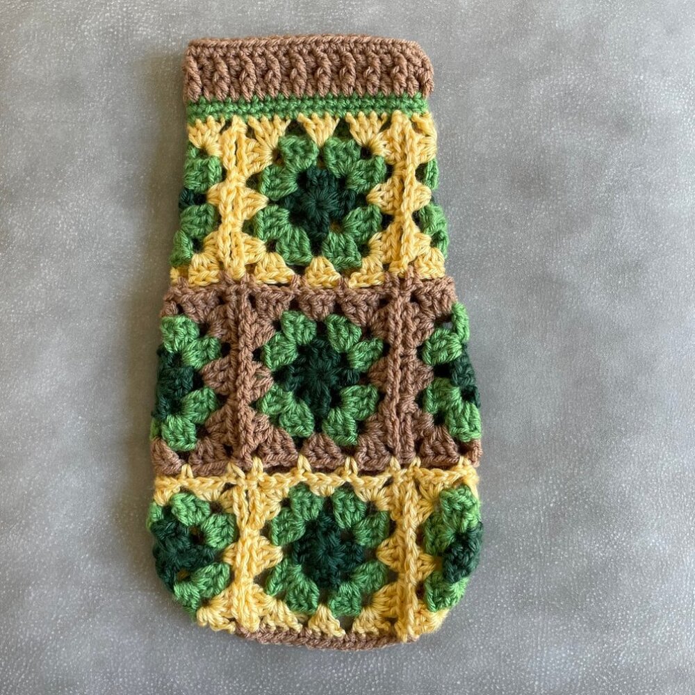 Dog Sweater XS Green Yellow Tan Crochet Handmade Granny Maltese Chihuahua Yorkie